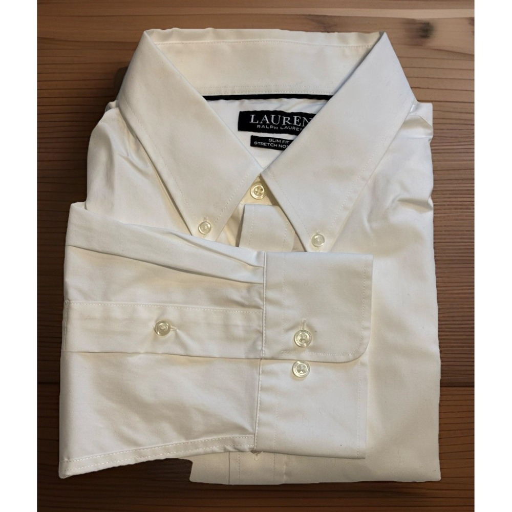 Lauren Ralph Lauren Mens Black Label Off White Slim Fit Stretch Dress Shirt 17.5